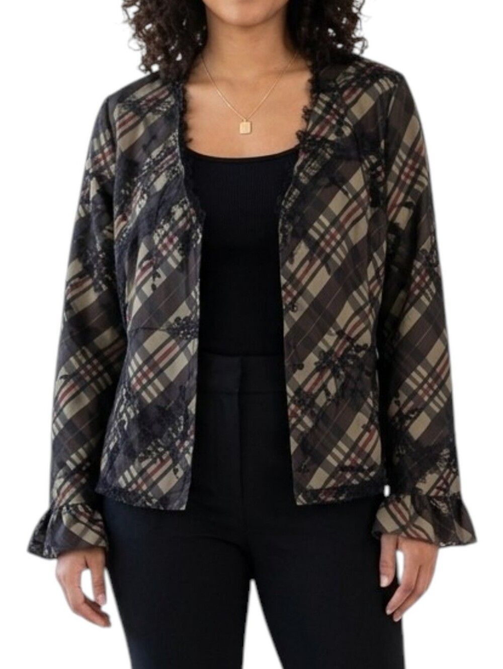 Samuel Dong Plaid & Lace Overlay V-Neck Blouse Jacket Ruffle Cuff Womens XL